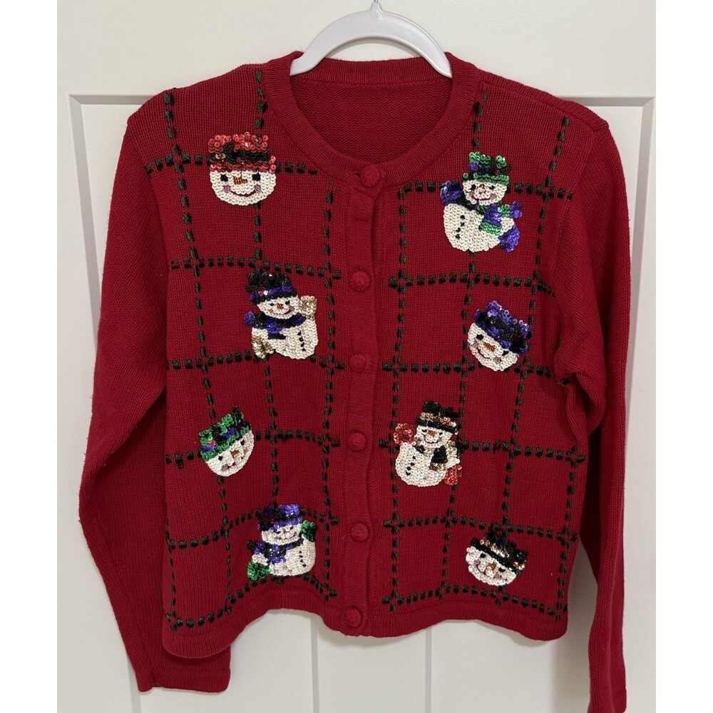 Ugly Christmas Sweater Women’s  Sequined Snowmen No Label  Chest 38” Cardigan
